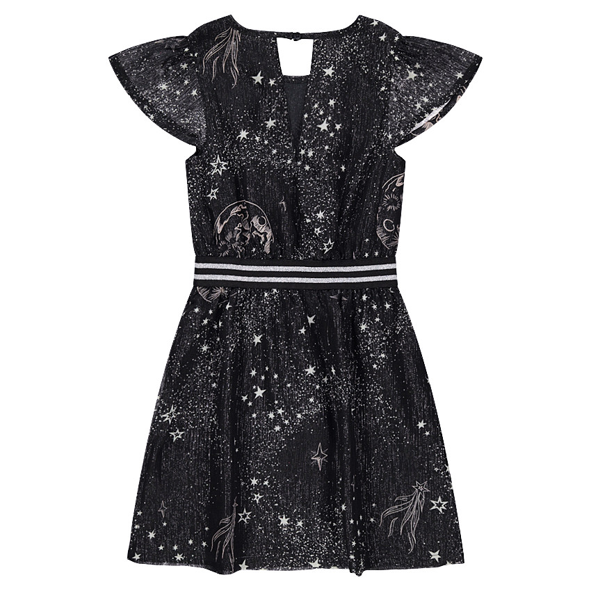 Φόρεμα με βολάν, μοτίβο αστέρια και λάστιχο με μεταλλιζέ ρίγες στη μέση 