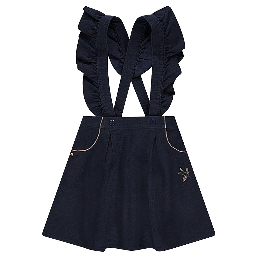 Φούστα με τιράντες με βολάν και μπάλωμα σε σχήμα πουλιού 