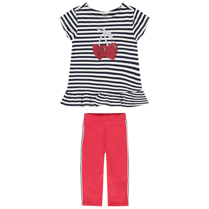 Σύνολο με ριγέ τουνίκ με μοτίβο κερασάκια από πούλιες και κολάν με λωρίδες 