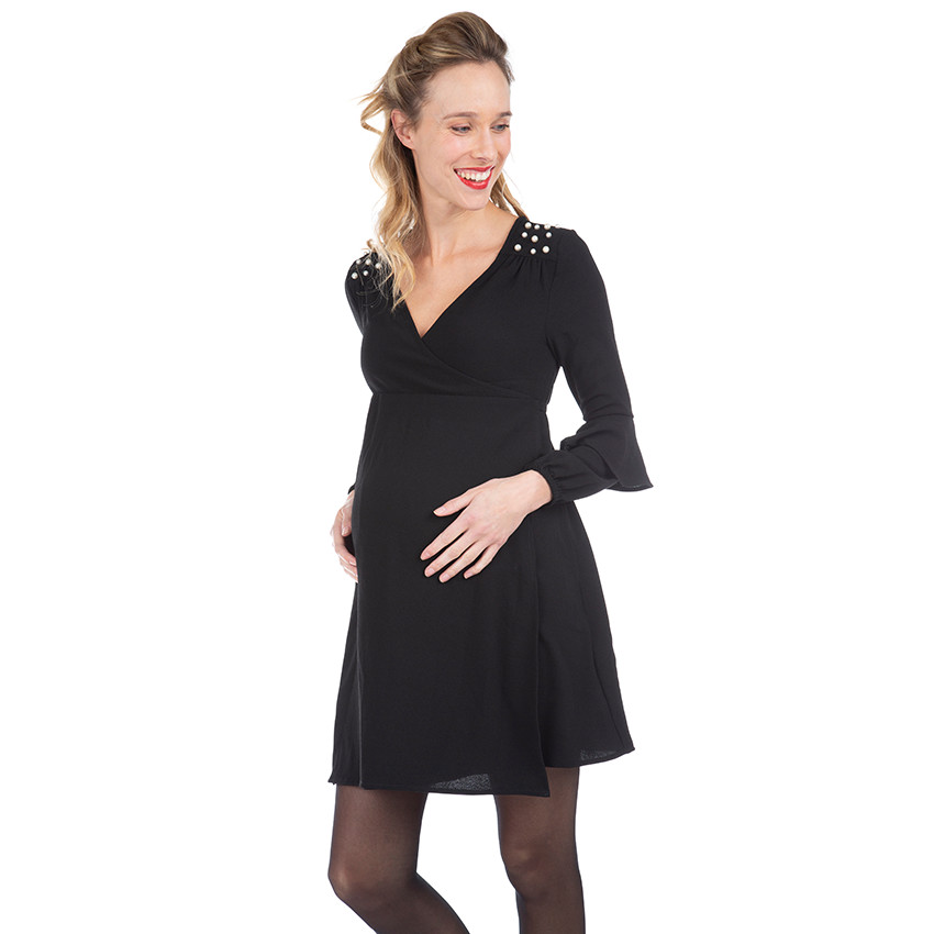 Μακρυμάνικο φόρεμα εγκυμοσύνης με διακοσμητικές πέρλες 