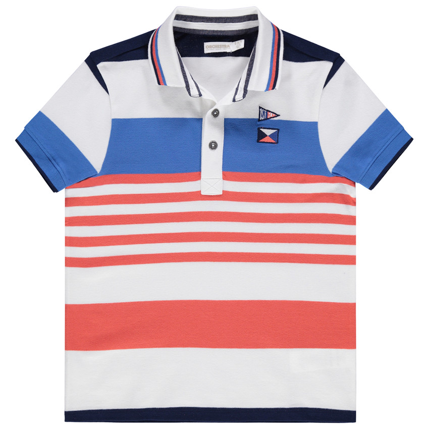 Κοντομάνικο πόλο με ρίγες σε αντίθεση και κεντήματα 