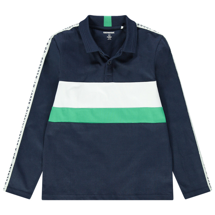 Παιδικά - Μακρυμάνικο ζέρσεϊ πόλο με λωρίδες σε αντίθεση και φράσεις 