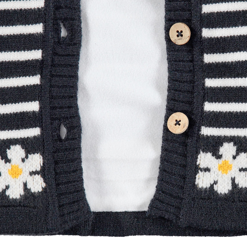 Πλεκτή ζακέτα με κουκούλα και φλις επένδυση με ρίγες και μαργαρίτες 