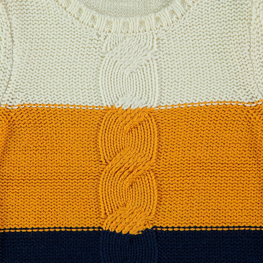 Τρίχρωμο πλεκτό πουλόβερ με πλεξίδα μπροστά 