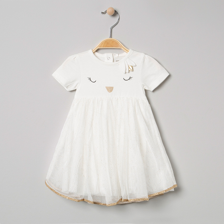 Φόρεμα -body κοντομάνικο με βολάν και τούλι και τυπωμένες λεπτομέρειες. 