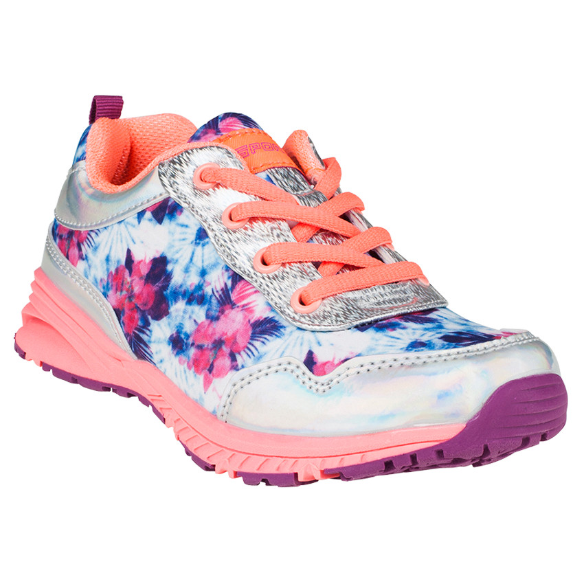 Baskets basses coloris argenté et imprimées fleurs 