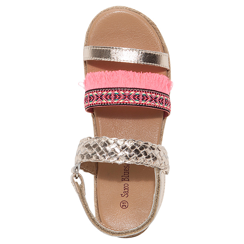 Δερμάτινα χρυσαφί πέδιλα με πλεξίδα και κρόσσια 