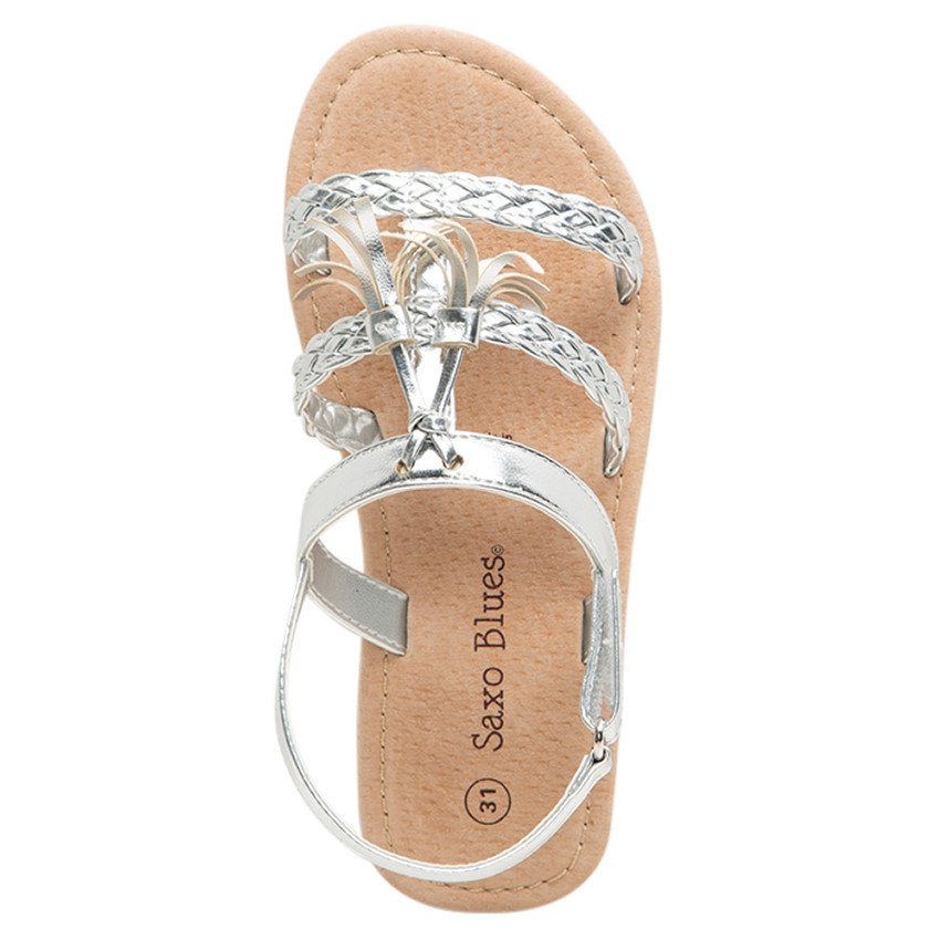 Ασημί πέδιλα με πλεκτά λουράκια και φουντίτσα 