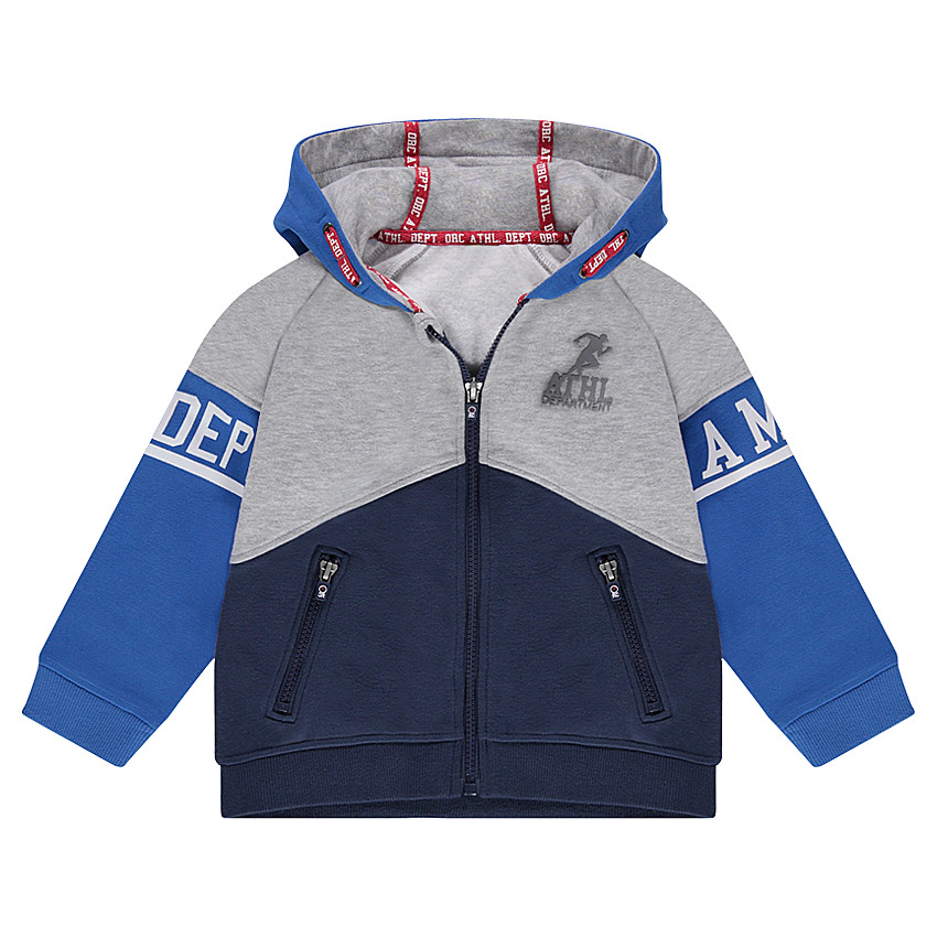 Φανελένια ζακέτα με κουκούλα, στάμπες και τσέπες με φερμουάρ 