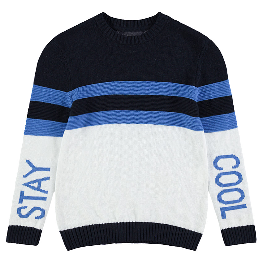 Παιδικά - Πλεκτό πουλόβερ με διακοσμητική ύφανση, λωρίδες που κάνουν αντίθεση και φράσεις 