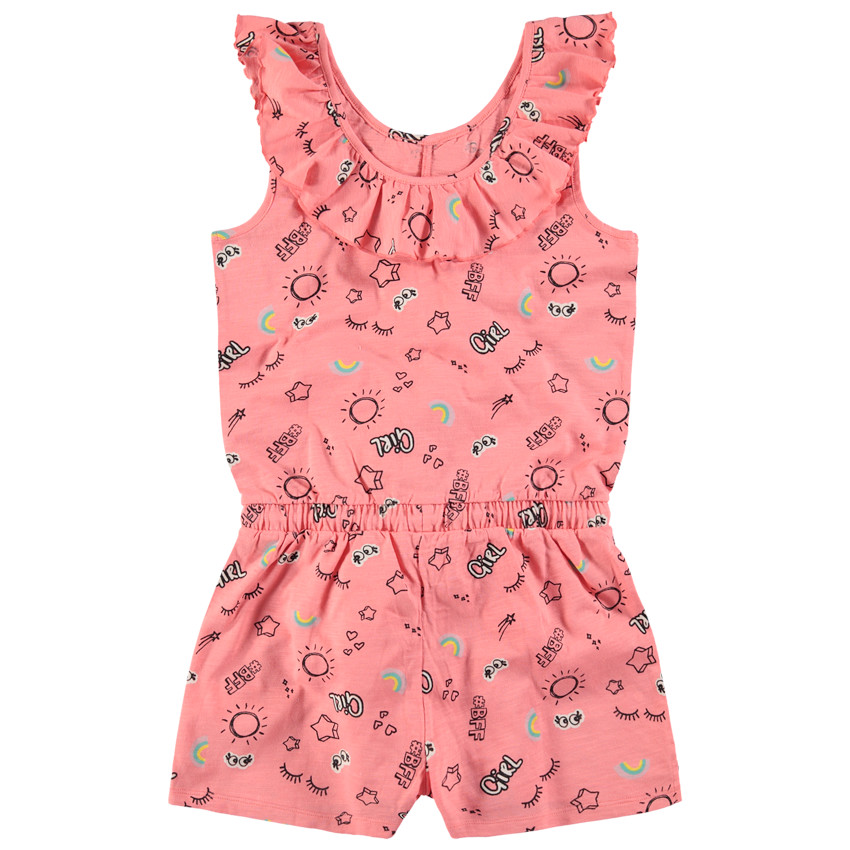 Κοντή ολόσωμη αμάνικη φόρμα με σχέδιο σε όλη την επιφάνεια και λαιμό με βολάν 