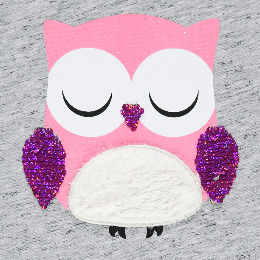 Μπλούζα με μανίκια 3/4 με τυπωμένη κουκουβάγια και ιριδίζουσες πούλιες 