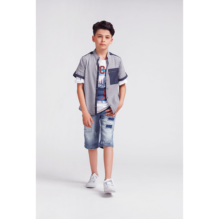 Παιδικά - Τζιν βερμούδα με μπαλώματα και αφαιρούμενη ζώνη 