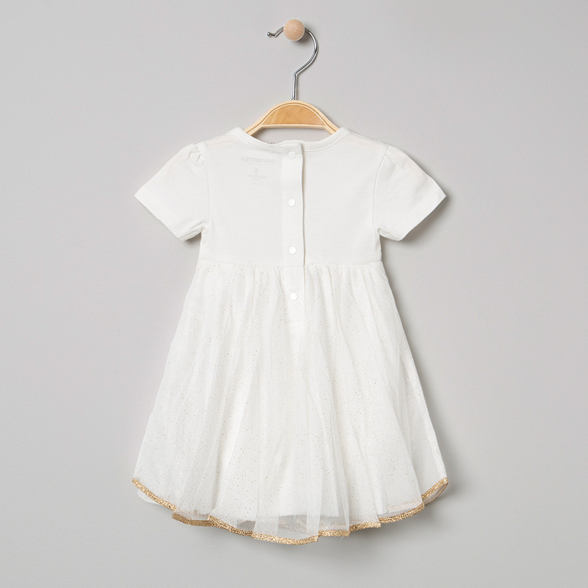 Φόρεμα -body κοντομάνικο με βολάν και τούλι και τυπωμένες λεπτομέρειες. 