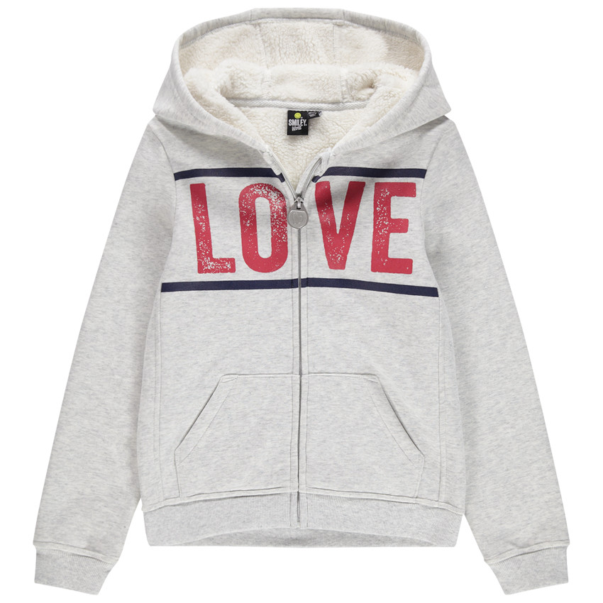 Παιδικά - Ζακέτα με κουκούλα από φανέλα, επένδυση sherpa και στάμπα Smiley 