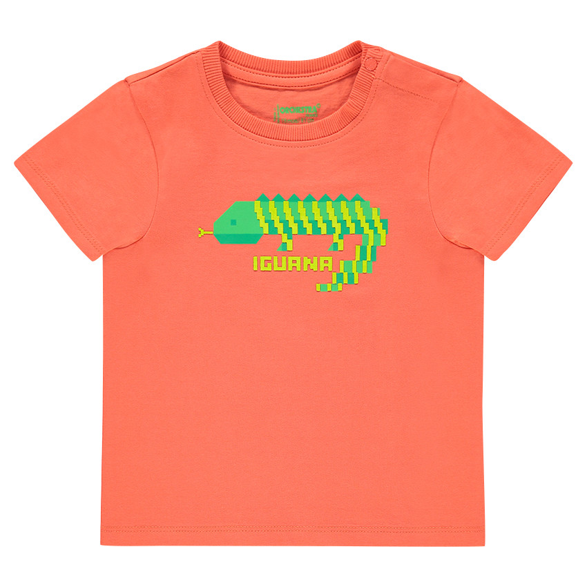 Μονόχρωμη κοντομάνικη μπλούζα με φαντεζί τύπωμα 