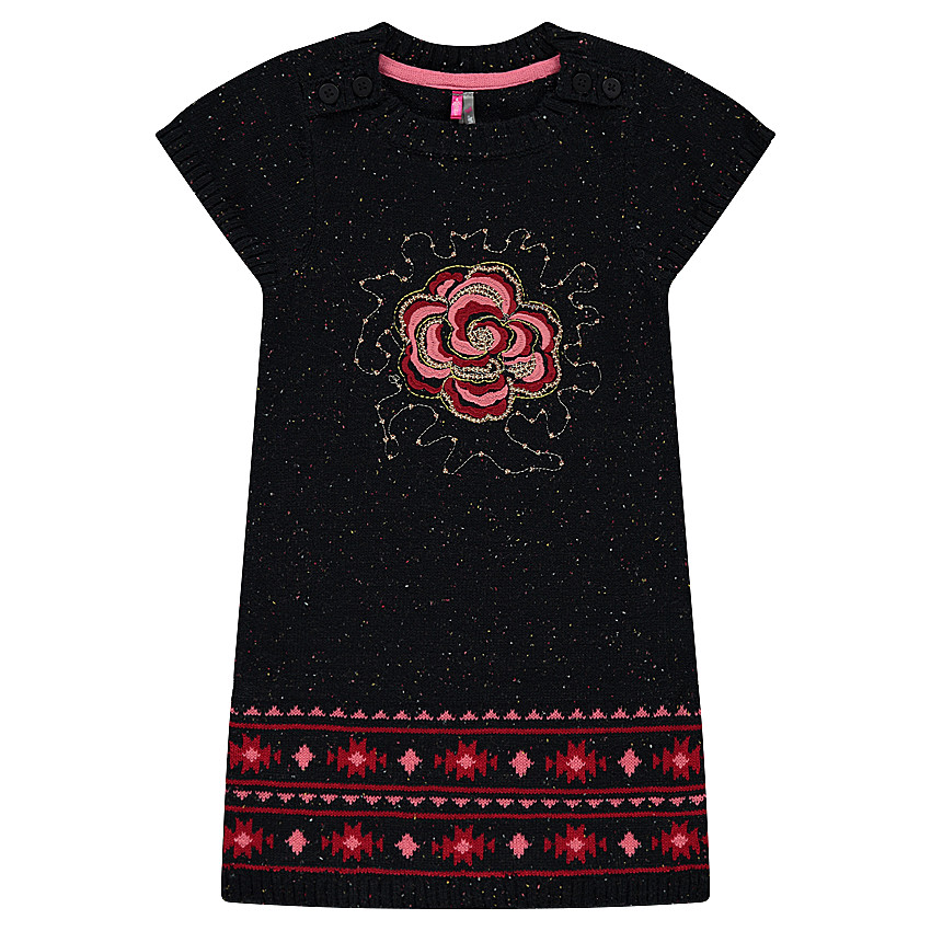 Πλεκτό κοντομάνικο φόρεμα με κεντημένο λουλούδι 