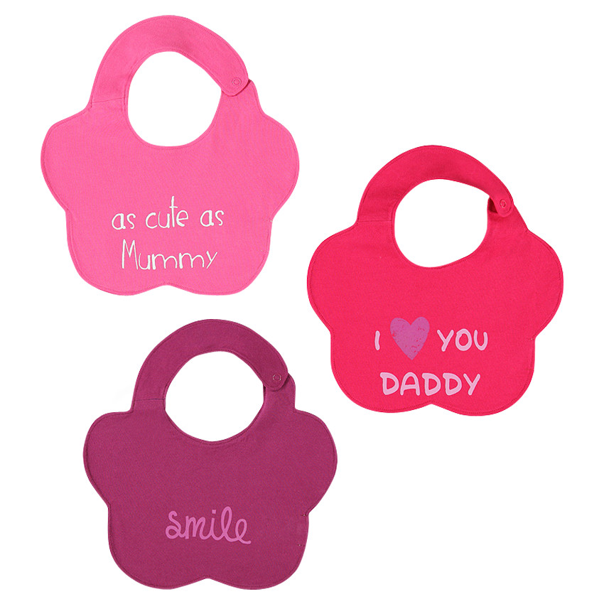 Lot de 3 bavoirs forme fleur avec inscriptions fantaisie 