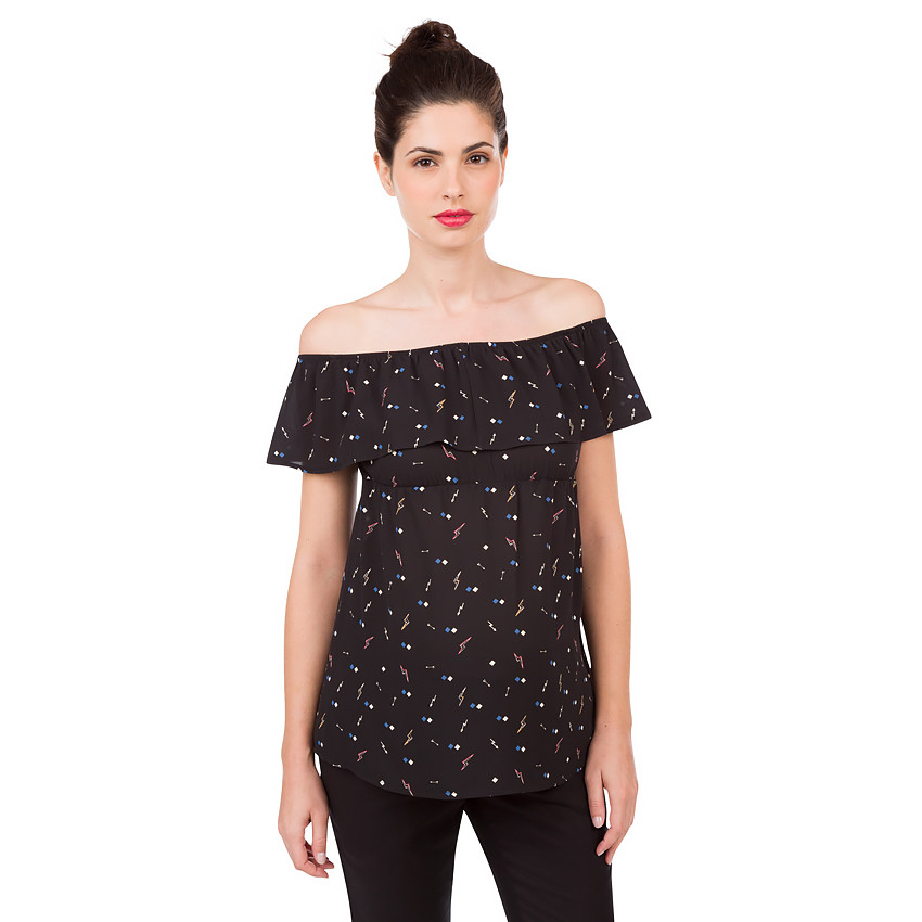 Εμπριμέ μπλουζάκι εγκυμοσύνης με ακάλυπτους ώμους και βολάν  