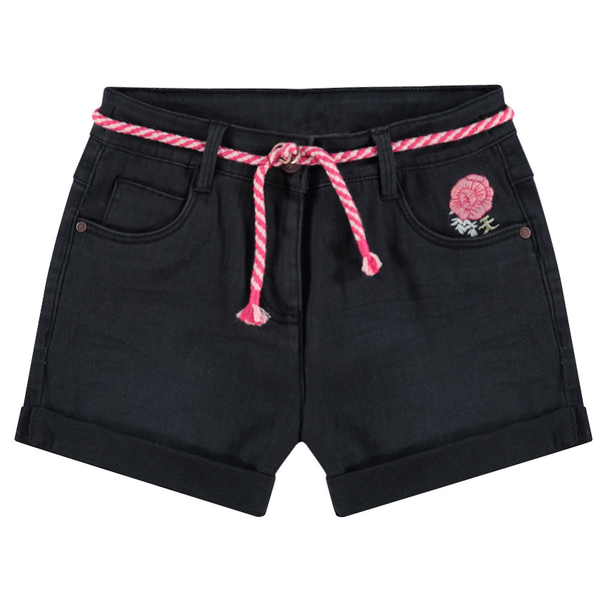Παιδικά - Μονόχρωμο σορτσάκι με μόνιμες τσακίσεις, κεντημένα λουλούδια και ρυθμιζόμενο κορδόνι 