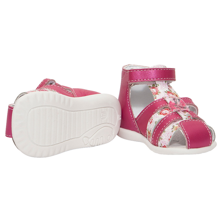 Πέδιλα δερμάτινα ιριδίζοντα σε φούξια χρώμα με λουλούδια 