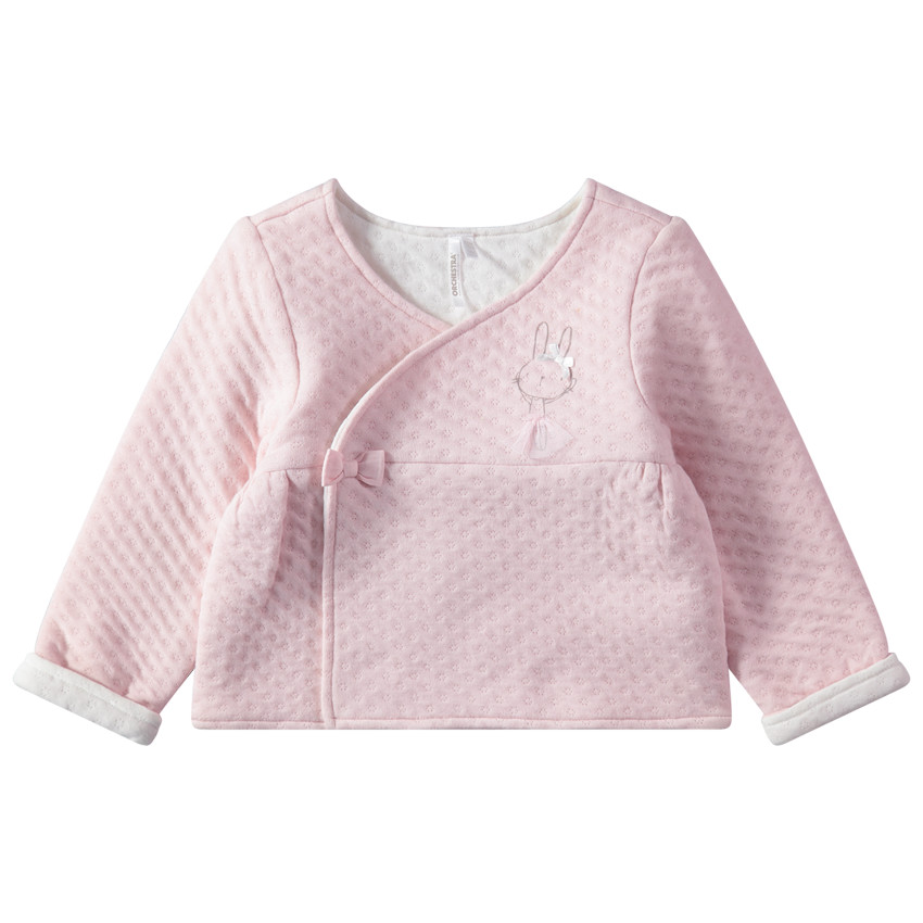 Ροζ ζακέτα με διάσπαρτα μικρά σχέδια και κουνελάκι σε εμπριμέ τουτού 