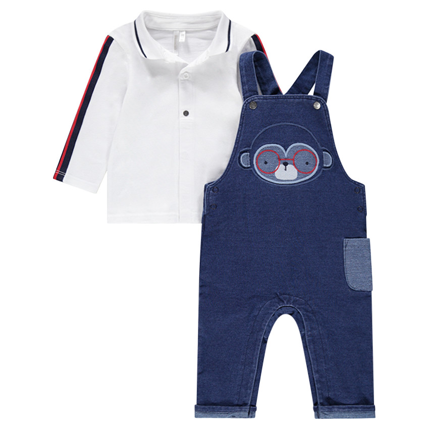 Σύνολο μονόχρωμο πόλο και σαλοπέτα με όψη ντένιμ και κεντημένη μαϊμού 