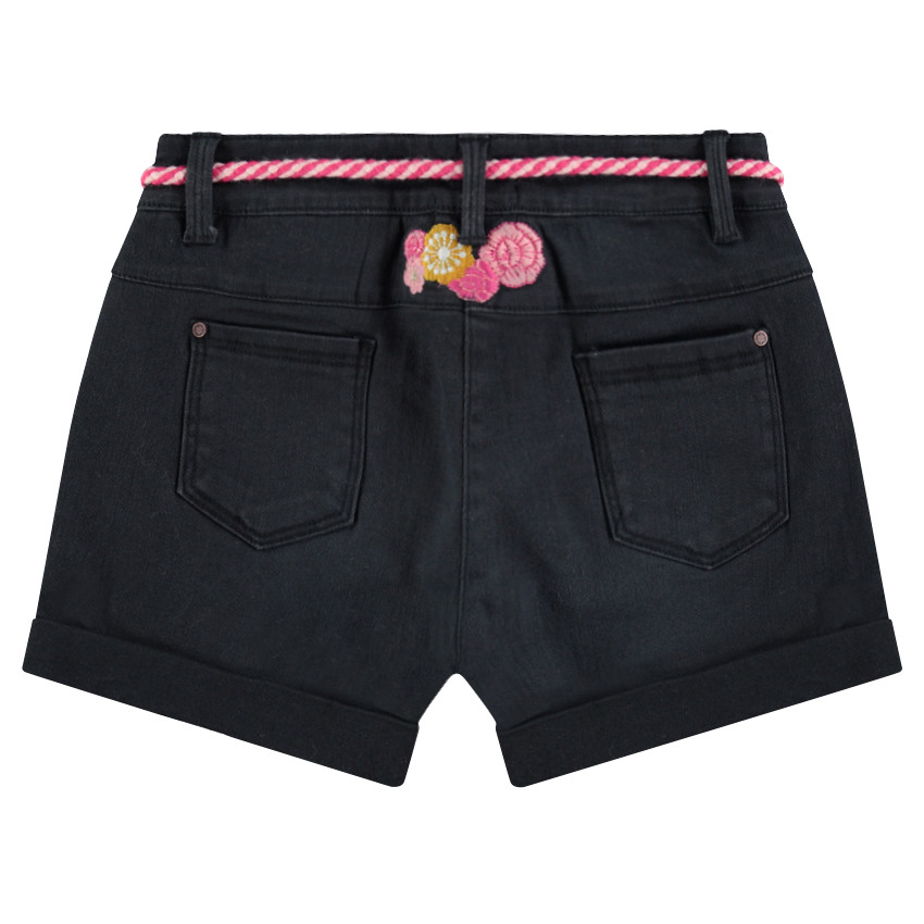 Παιδικά - Μονόχρωμο σορτσάκι με μόνιμες τσακίσεις, κεντημένα λουλούδια και ρυθμιζόμενο κορδόνι 